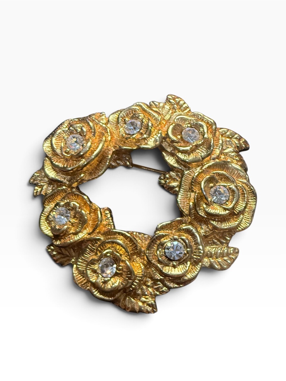 Vintage Monet Gold Rose Wreath Brooch Rhinestone Floral Statement Pin